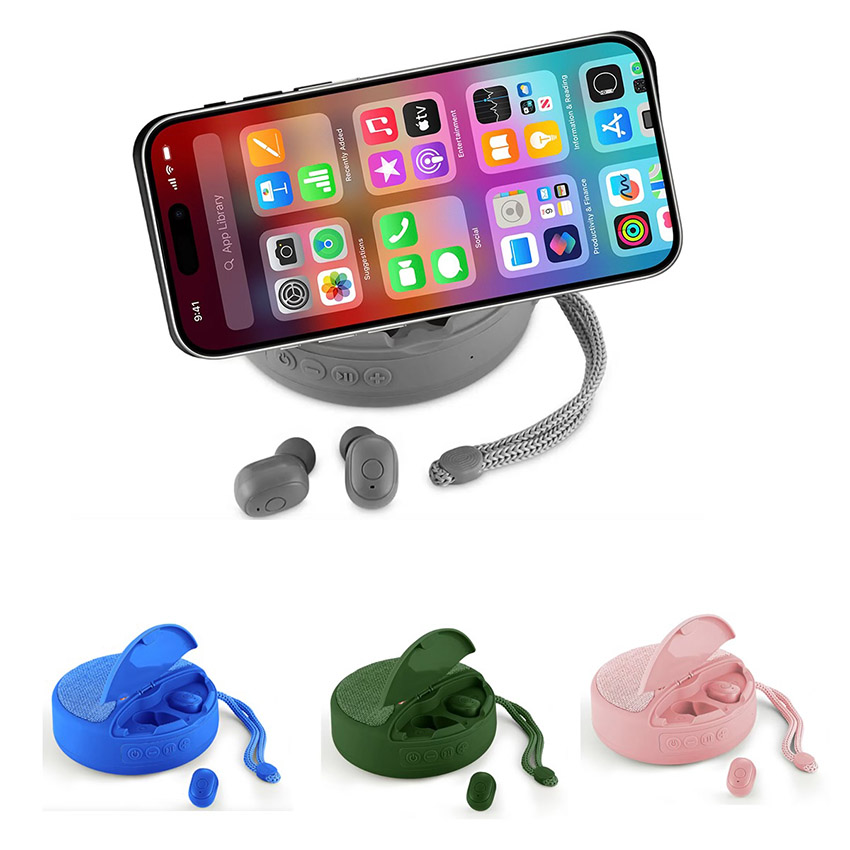 SPUDS- WIRELESS EARBUDS W/ SPEAKER AND PHONE STAND Header Image